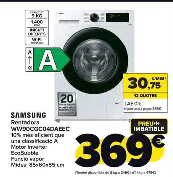 Oferta de Samsung - Lavadora WW90CGC04DAEEC por 369€ en Carrefour