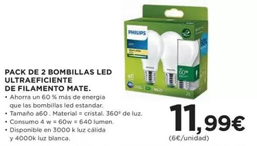 Oferta de Philips - Pack De 2 Bombillas Led Ultraeficiente De Filamento Mate por 11,99€ en Hipercor