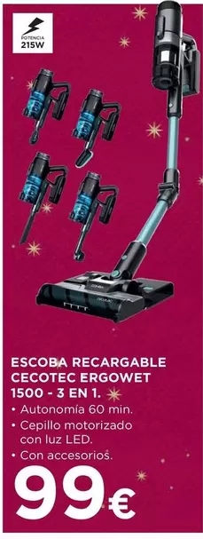 Oferta de Cecotec - Escoba Recargable Cecotec Ergowet por 99€ en Hipercor