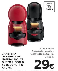 Oferta de Krups - Cafetera De Capsulas Manual Dolce Gusto Piccolo Xs Delonghi O por 29€ en Hipercor