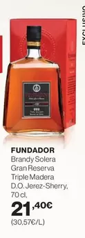 Oferta de Fundador - Brandy Solera Gran Reserva Triple Madera por 21,4€ en Hipercor