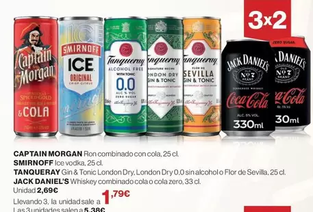 Oferta de Jack Daniel's - Smirnoff Captain Morgan Ron Combinado Con Cola por 1,79€ en Hipercor