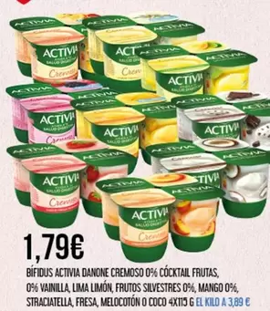 Oferta de Danone - Bifidus Activia Cremoso 0% Cocktail Frutas, 0% Vainilla Lima Limon, Frutos Silvestrestres 0%, Mango 0%, Stracicleta, Fresa, Melocotón O Coco por 1,79€ en Claudio