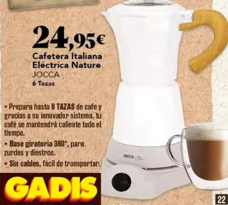 Oferta de Jocca - Cafetera Italiana Eléctrica Nature por 24,95€ en Gadis