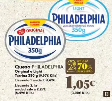 Oferta de Philadelphia - Queso Original O Light Tarrina por 1,05€ en Gadis