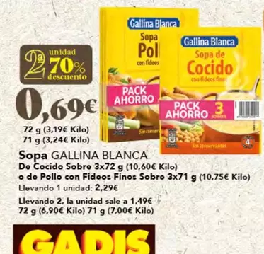 Oferta de Gallina Blanca - Sopa De Cocido Sobre O De Pollo Con Fideos Fines Sobre por 2,29€ en Gadis