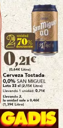 Oferta de San Miguel - Cerveza Tostada 0.0% por 0,71€ en Gadis