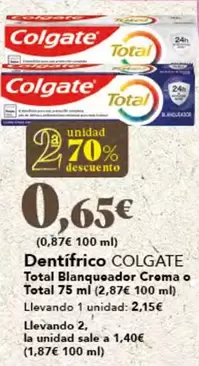 Oferta de Colgate - Dentifrico Total Blanqueador Crema O Total por 2,15€ en Gadis