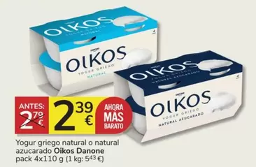 Oferta de OIKOS - Yogur Griego Natural O Natural Azucarado por 2,39€ en Consum