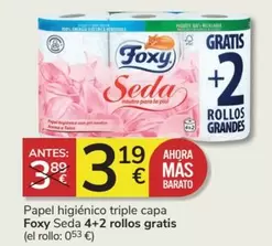 Oferta de Foxy - Papel Higiénico Triple Capa Seda 4+2 Rollos Gratis por 3,19€ en Consum