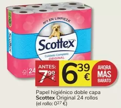 Oferta de Scottex - Papel Higiénico Doble Capa Original 24 Rollos por 6,39€ en Consum