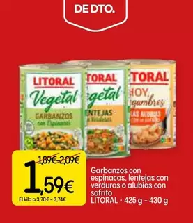 Oferta de Litoral - Garbanzos Con Espinacas, Lentejas Con Verduras O Alubias Con Sofrito por 1,59€ en Dialprix