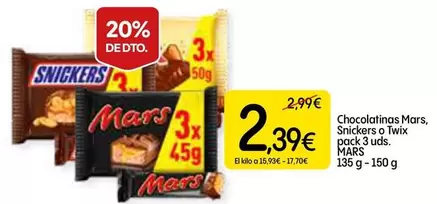 Oferta de Snickers - Chocolatinas Mars, Sinckers O 10 Wxi Pack 3 Uds por 2,39€ en Dialprix