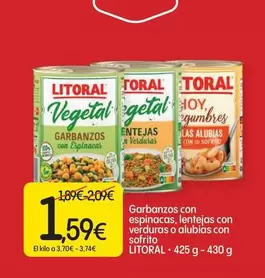 Oferta de Litoral - Garbanzos Con Espinacas, Lentejas Con Verduras O Alubias Con Sofrito por 1,59€ en Dialprix