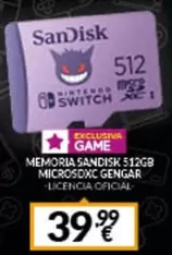 Oferta de Sandisk - Memoria  512gb Microsdxc Gengar por 39,99€ en Game