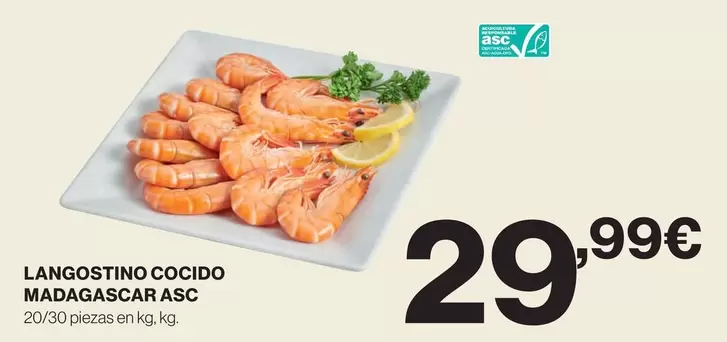 Oferta de Langostino Cocido Madagascar Asc por 29,99€ en Hipercor