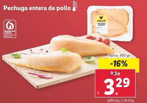 Oferta de Pechuga Entera De Pollo por 3,29€ en Lidl