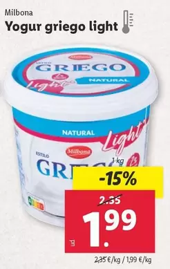 Oferta de Milbona - Yogur Griego Light por 1,99€ en Lidl