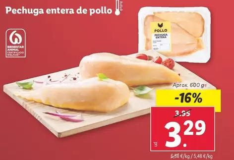 Oferta de HR - Pechuga Entera De Pollo por 3,29€ en Lidl