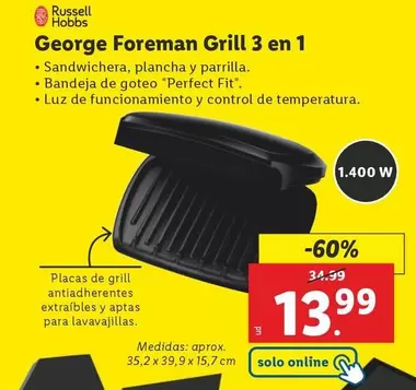 Oferta de Russell Hobbs - George Foreman Grill 3 en 1 por 13,99€ en Lidl