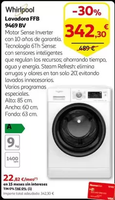 Oferta de Whirlpool - Lavadora Ffb 9469 Bv por 342,3€ en Alcampo