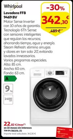 Oferta de Whirlpool - Lavadora Ffb 9469 Bv por 342,3€ en Alcampo