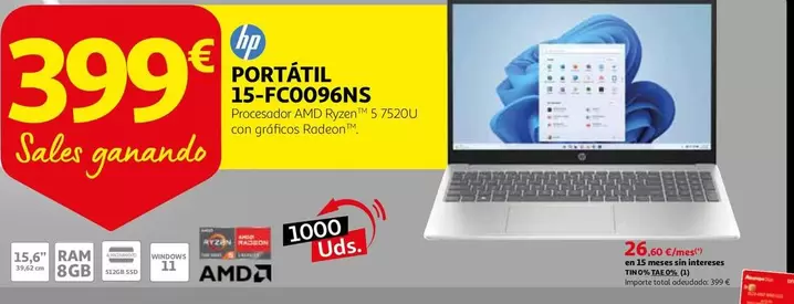 Oferta de HP - Portátil 15-fc0096ns por 399€ en Alcampo