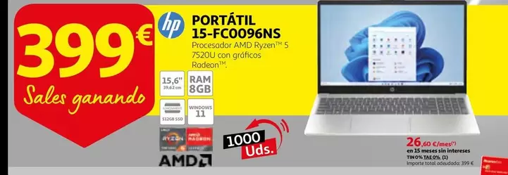 Oferta de HP - Hp Portátil 15-fc0096ns por 399€ en Alcampo