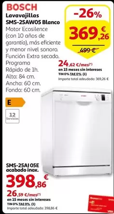 Oferta de Bosch - Lavavajillas SMS-25AWO5 Blanco por 369,26€ en Alcampo