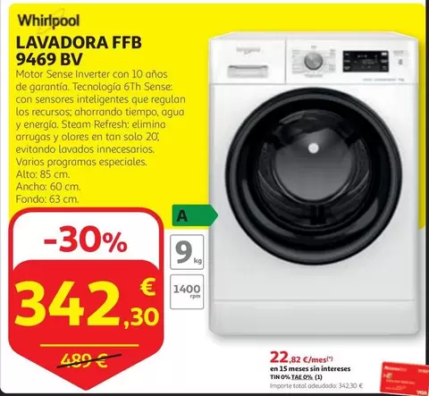 Oferta de Whirlpool - Lavadora Ffb 9469 Bv por 342,3€ en Alcampo