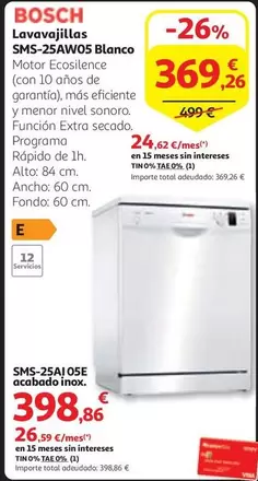 Oferta de Bosch - Lavavajillas SMS-25AWO5 Blanco por 369,26€ en Alcampo