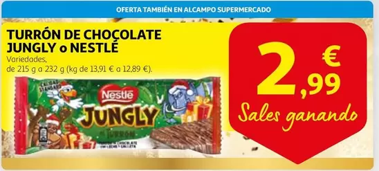 Oferta de Nestlé - Turrón De Chocolate Jungly O por 2,99€ en Alcampo