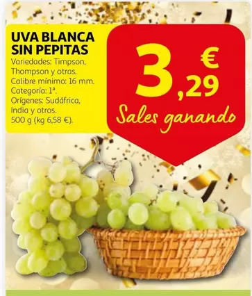 Oferta de Uva Blanca Sin Pepitas por 3,29€ en Alcampo