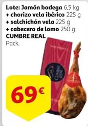 Oferta de Cumbre real - Lote: Jamón Bodega + Chorizo Vela Ibérico + Salchichón Vela + Cabecero De Lomo por 69€ en Alcampo