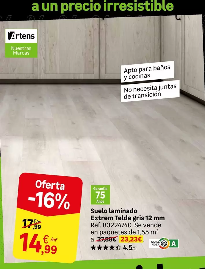 Oferta de Suelo laminado extrem Tdle gris 12 mm por 14,99€ en Leroy Merlin