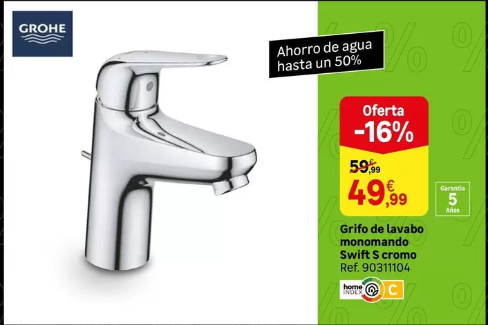 Oferta de Grohe - Grifo De Lavabo Monomando Swift S Cremo por 49,99€ en Leroy Merlin