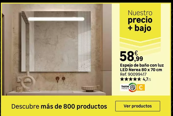 Oferta de Espejo De Baño Con Luz Led Nerea 80 X 70 Cm por 58,99€ en Leroy Merlin