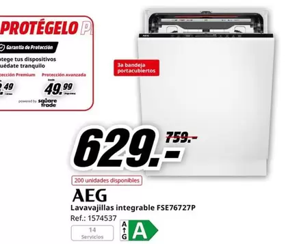 Oferta de AEG - Lavavajillas integrable FSE76727P por 629€ en MediaMarkt