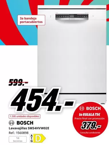 Oferta de Bosch - Lavavajillas SMS54HVW02E por 454€ en MediaMarkt