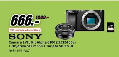 Oferta de Sony - Camara Evil Kit Alpha 6100(ILCE6100L) + Objetivo SELP1650 + Tarjeta SD 32GB por 666€ en MediaMarkt