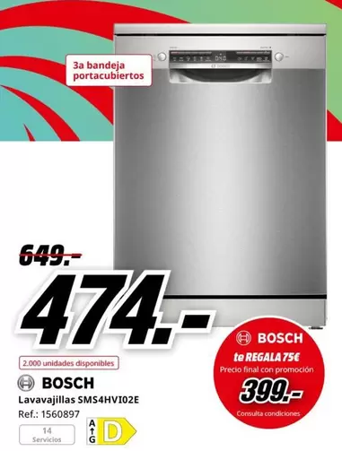 Oferta de Bosch - Lavavajillas SMS4HVI02E por 474€ en MediaMarkt