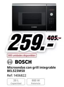 Oferta de Bosch - Microondas Con Grill Integrable BEL523MSO por 259€ en MediaMarkt