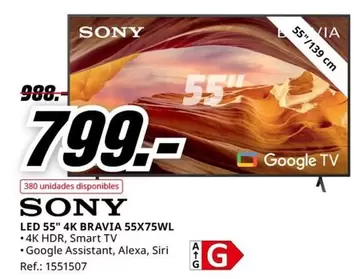 Oferta de Sony - Led 55" 4k Bravia 55x75wl por 799€ en MediaMarkt