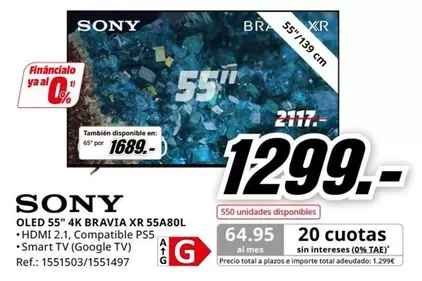 Oferta de Sony - Oled 55" 4k Bravia XR 55A80L por 1299€ en MediaMarkt