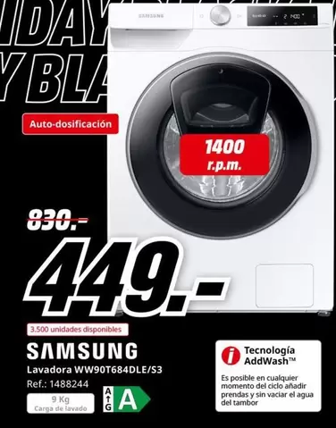 Oferta de Samsung - Lavadoras WW90T654DLE/53 por 449€ en MediaMarkt