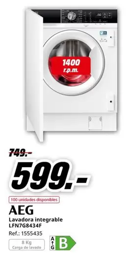 Oferta de AEG - Lavadora Integrable Lfp76434f por 599€ en MediaMarkt