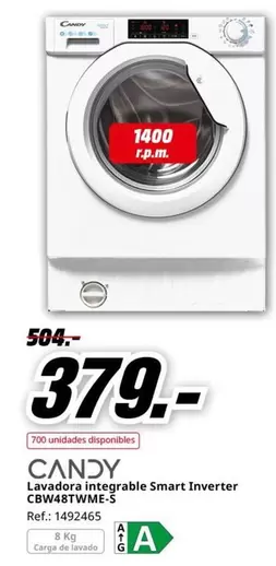 Oferta de Candy - Lavadora Infertable Smart Inverter Cbw48twm2e por 379€ en MediaMarkt