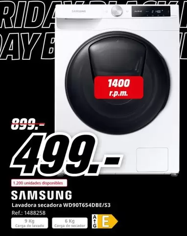 Oferta de Samsung - Lavadora Secadora WD90T654DBE/S3 por 499€ en MediaMarkt