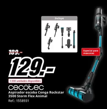 Oferta de Cecotec - Aspirador Escoba Conga Rockstar 3500 Storm Flex Animal por 129€ en MediaMarkt