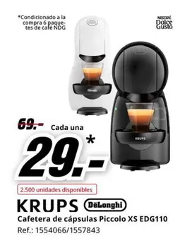 Oferta de DeLonghi - Cafetera De Capsulas Piccolo Xs Edg110 por 29€ en MediaMarkt